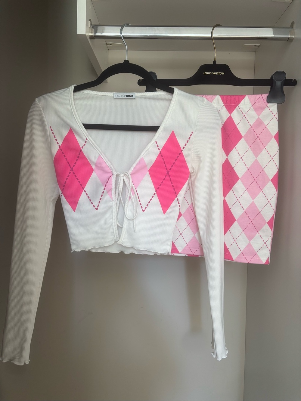 Coquette Preppy Argyle Matching Set Skirt & Tie Front Top Pink & White